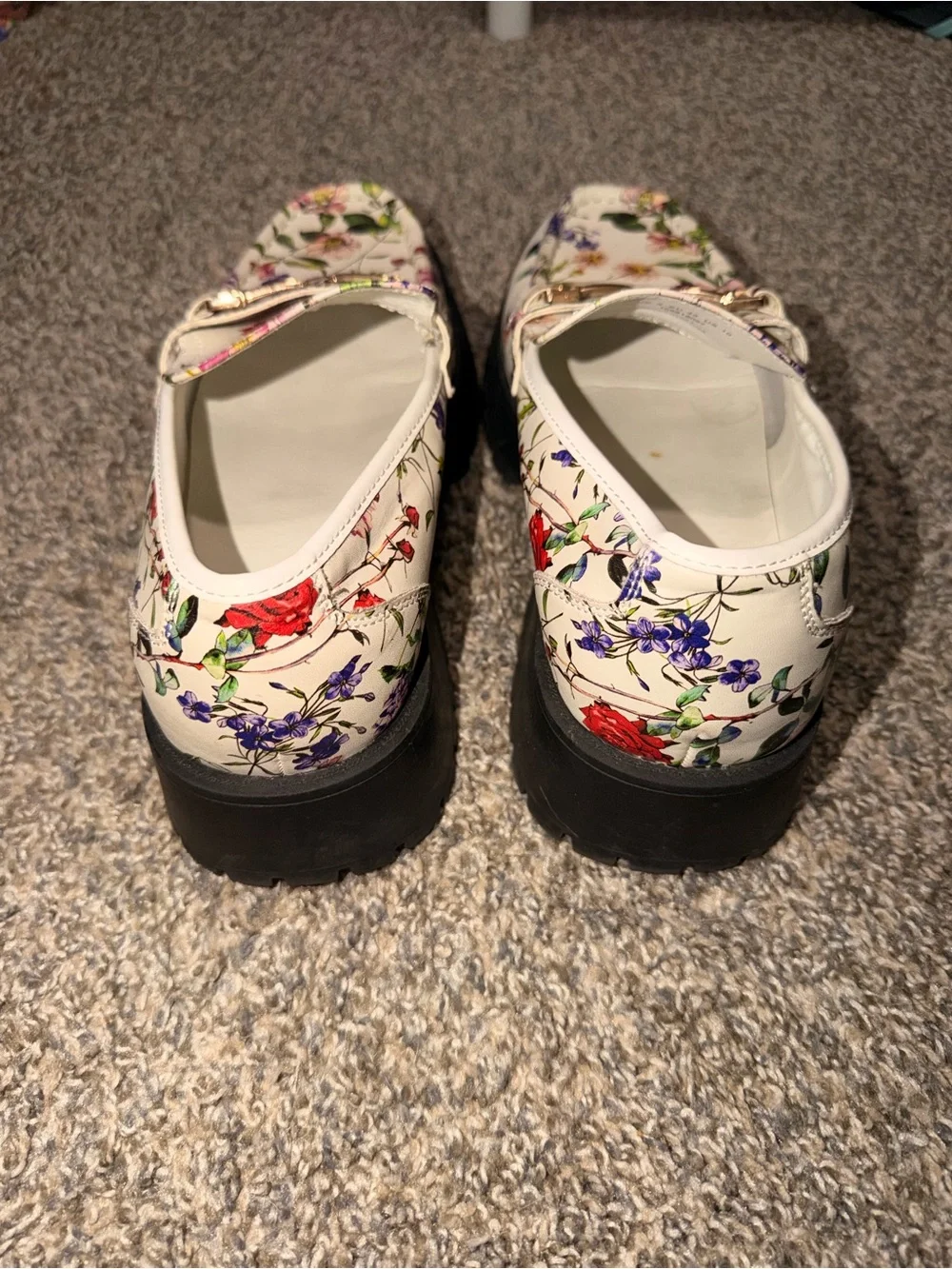 ASOS White Floral Platform Loafers with Gold Buckle